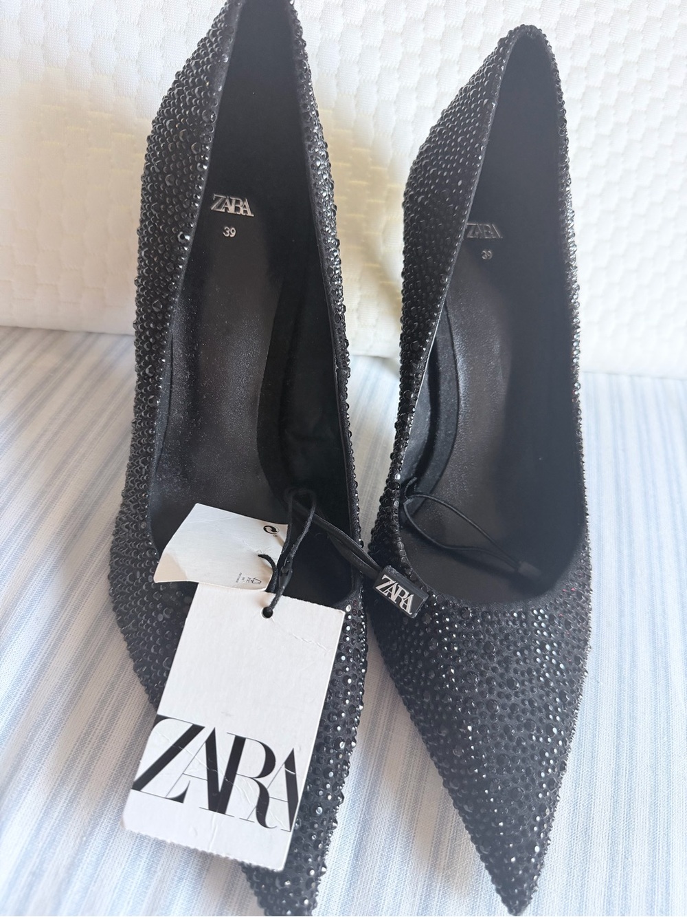 ZARA Black Crystal-Embellished Pointed Toe Pumps